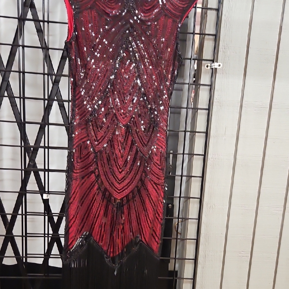 Red and Black Sequin Fringe Dress